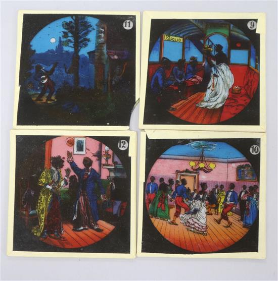 A collection of 19th century magic lantern slides, Punch and Judy, Cinderella, America etc